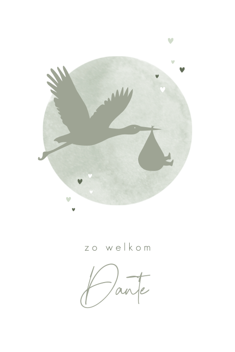 Lief geboortekaartje groen met silhouet ooievaar en baby
