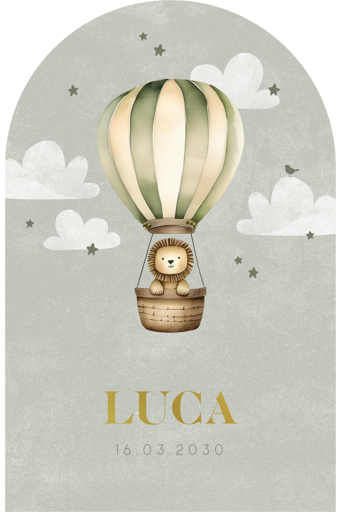 Origineel geboortekaartje groen met luchtballon en leeuwtje