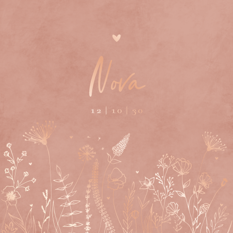 Lief geboortekaartje met velvet-look, roségoudfolie, takjes en bloemen