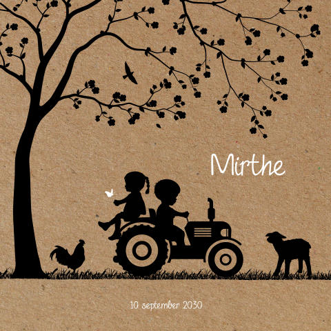 Silhouet geboortekaartje met zusje en grote broer op de traktor