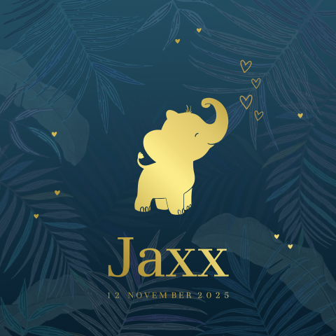 Hippe jungle geboortekaart voor jongen met goudfolie olifantje