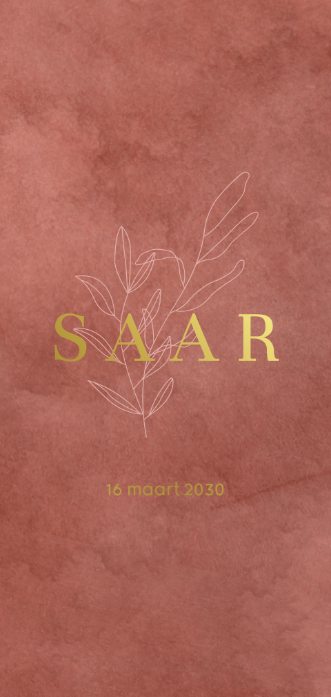 Luxe geboortekaartje met takje en goudfolie op velvet-look