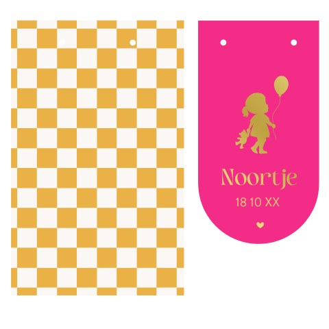 Kleurrijk geboortekaartje in 2-delig voor een meisje met silhouet in goudfolie