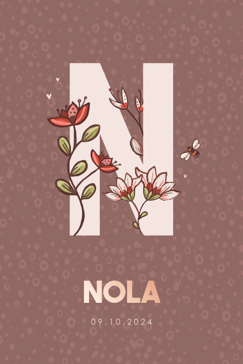 Roségoudfolie geboortekaartje met initiaal en bloemen voor een meisje