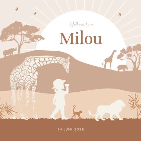 Geboortekaartje met silhouetjes en jungledieren in landschap