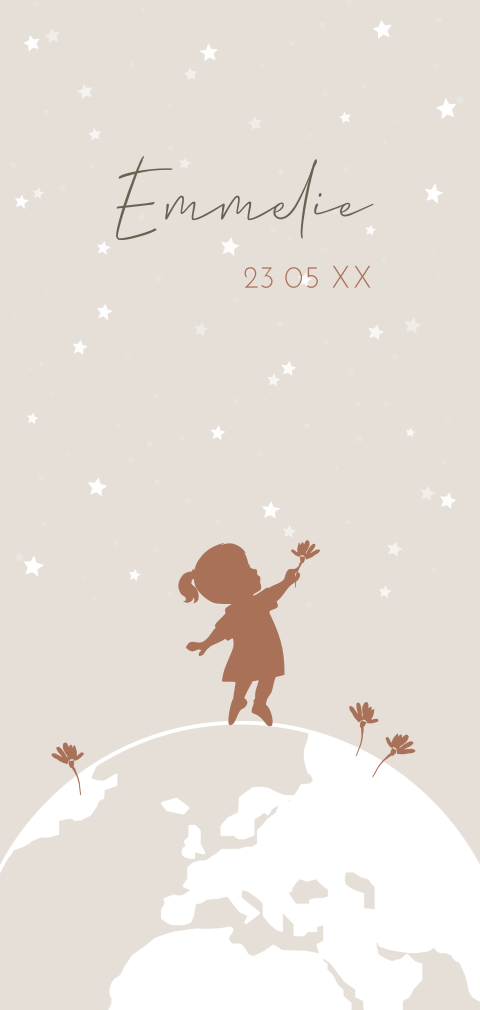 Schattig geboortekaartje met silhouet van meisje op wereldbol