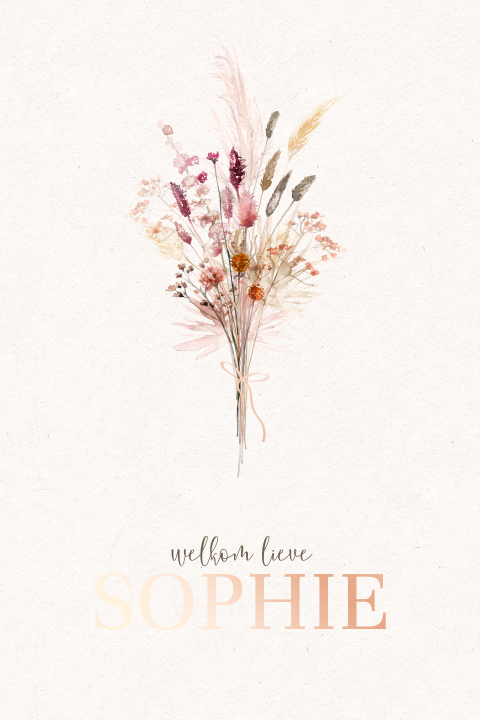 Roségoudfolie geboortekaartje voor meisje met droogbloemen op kartonlook