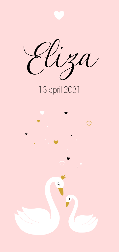 Romantisch geboortekaartje voor meisje met zwanen en hartjes
