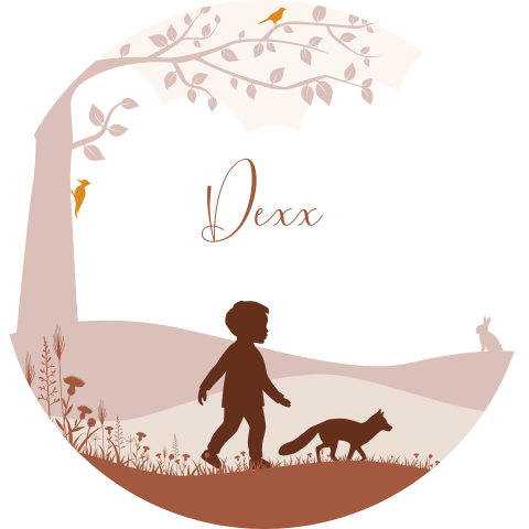 Raamsticker met jongen en vosje in abstract landschap