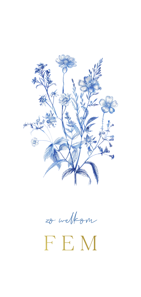 Luxe geboortekaartje met goudfolie en Delfts blauwe bloemen