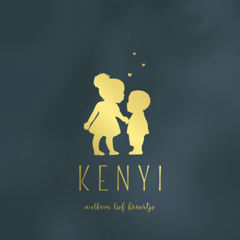 Geboortekaart goudfolie jongen met zusje silhouet op donkerblauw