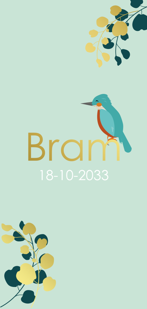 Lief geboortekaartje met goudfolie, ijsvogel en takjes