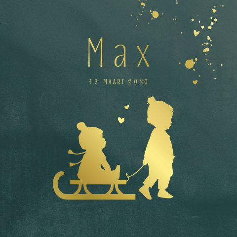 Goudfolie geboortekaartje met silhouet van broertjes op slee