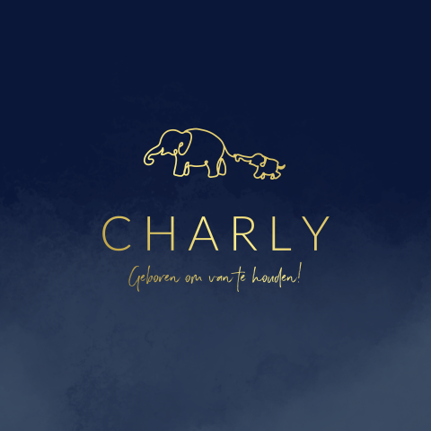 Donkerblauw babykaartje met olifanten in goudfolie