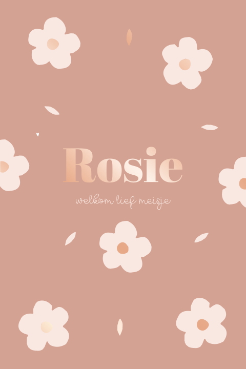 Trendy geboortekaartje oudroze met bloemetjes en roségoudfolie