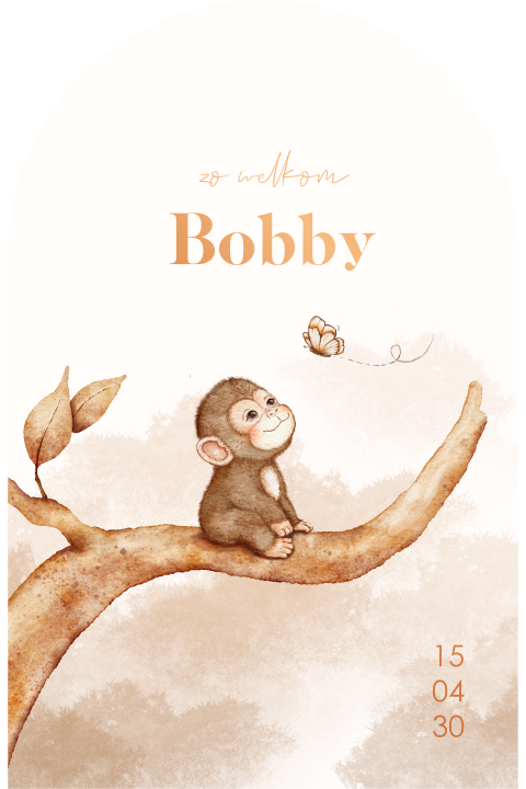 Geboortekaartje met dromerig aapje op tak in aquarel