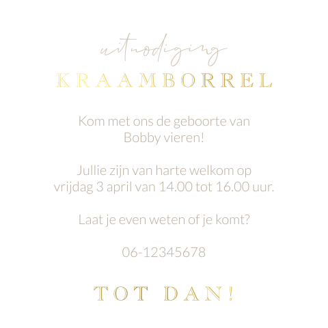 Unisex uitnodiging kraamfeest met beige en goudfolie tekst