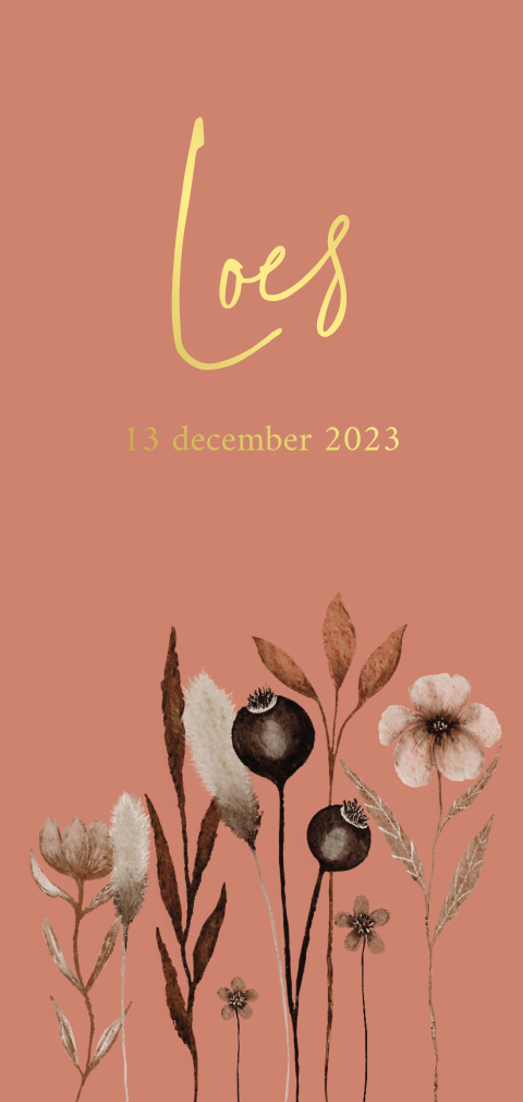 Botanisch goudfolie geboortekaartje met ronde hoeken voor een meisje