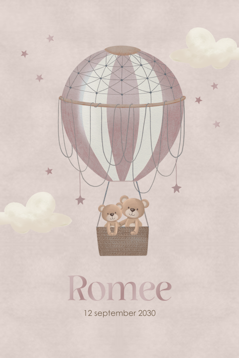 Lief geboortekaartje roze met beertjes in luchtballon voor zusje