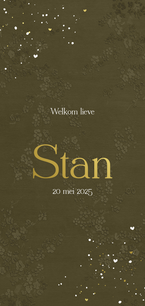 Luxe geboortekaartje met goudfolie, stof-look en bloemenpatroon