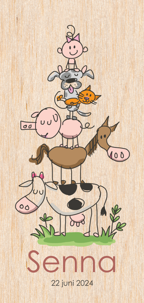 Geboortekaartje op hout met stapel boerderijdieren en baby unisex
