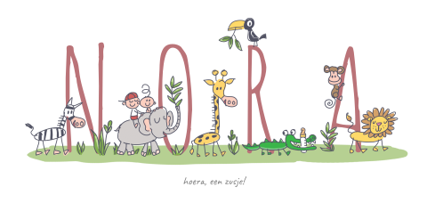 Vrolijk geboortekaartje met naam en jungledieren voor zusje