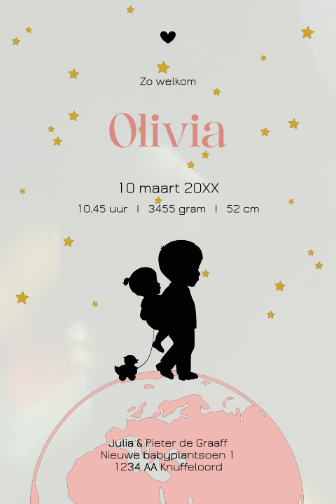 Acryl babykaartje voor een meisje met silhouet grote broer en wereldbol