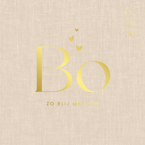 Lief geboortekaartje beige met linnen look en hartjes in goudfolie