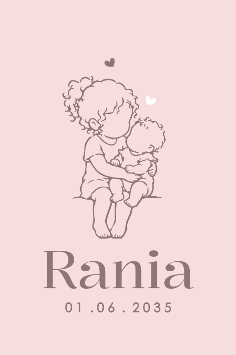 Lief babykaartje met lijntekening grote zus met baby op schoot