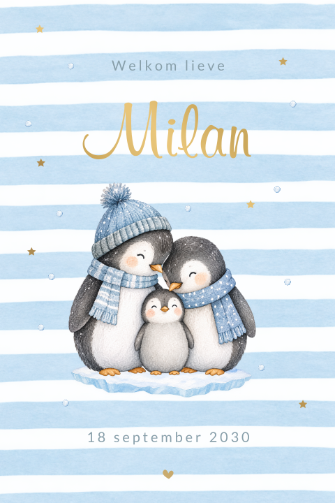 Winters gestreept geboortekaartjes met pinguins