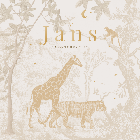 Geboortekaartje met getekende jungledieren en hoogglans
