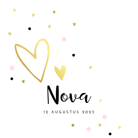 Trendy geboortekaartje voor meisje met goudfolie hartjes en stipjes