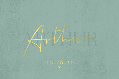 Leuk geboortekaartje voor een jongen met petrol groene structuur en goudfolie