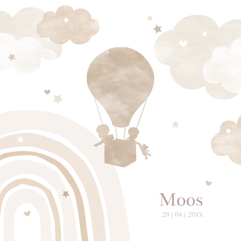 Lief beige geboortekaartje broertje met luchtballon en wolkjes