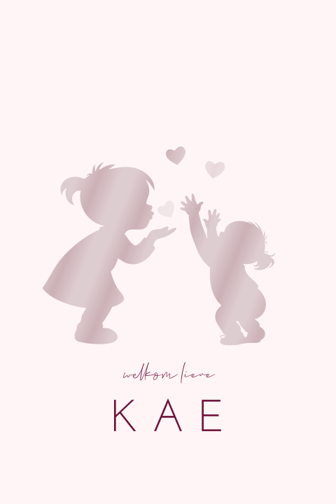 Lief geboortekaartje met silhouet van zusjes en hartjes