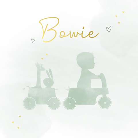 Luxe geboortekaartje met goudfolie en silhouet van jongen op een kar