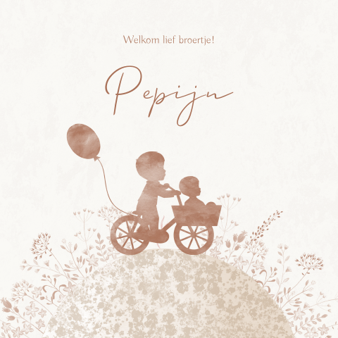Schattig geboortekaartje met silhouet broertjes op fiets in waterverf
