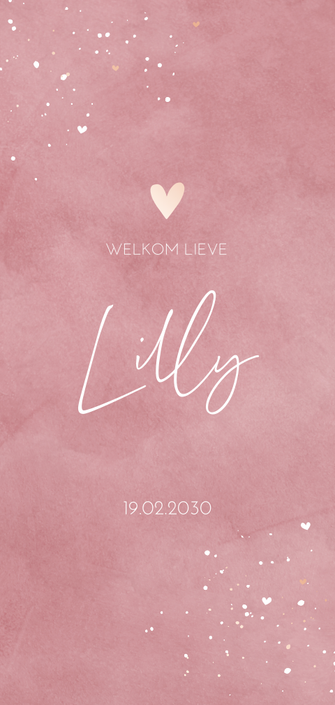 Hip geboortekaartje met roze velvet-look en roségoudfolie