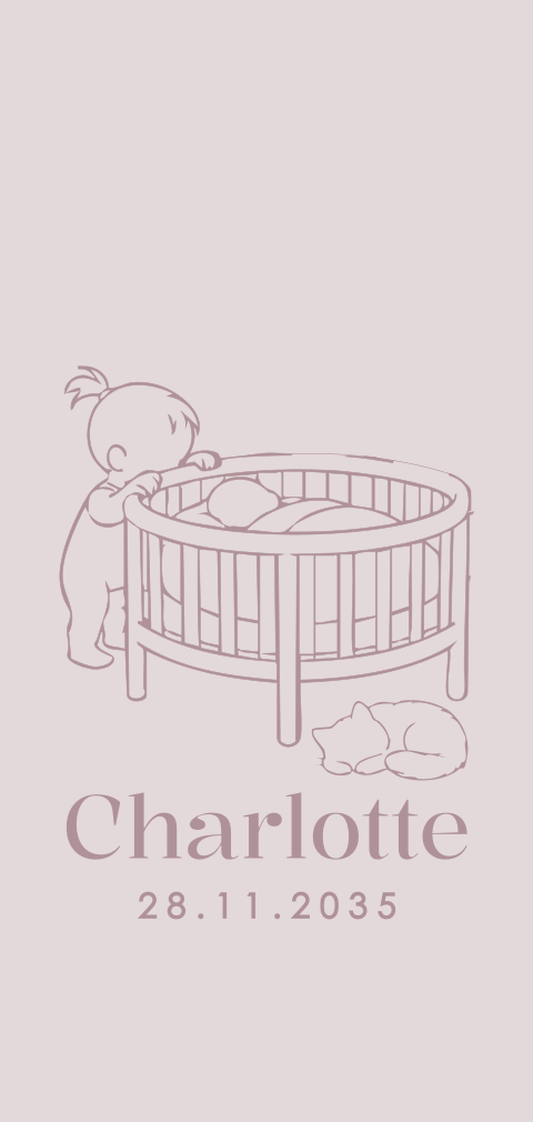 Schattig geboortekaartje met grote zus en poes bij wieg