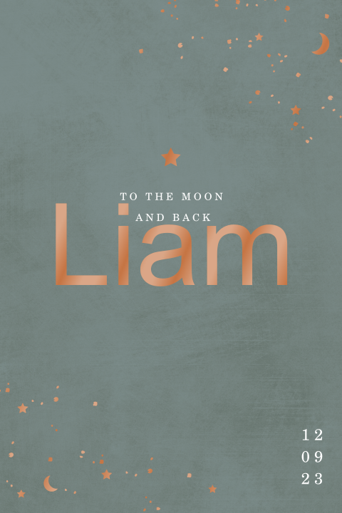 Hoogglans babykaartje met maantje en sterretjes op stoere achtergrond