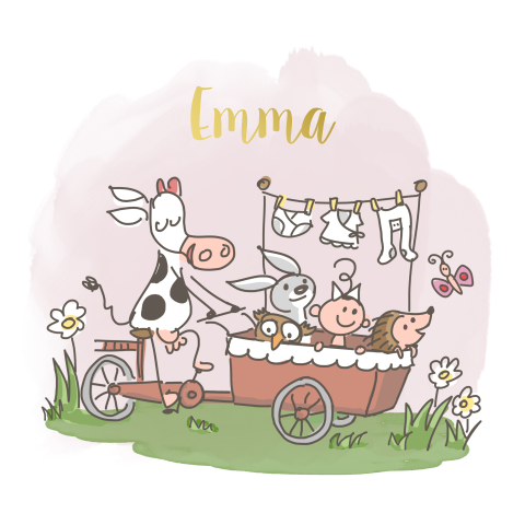 Hip goudfolie geboortekaartje met dieren en baby in bakfiets