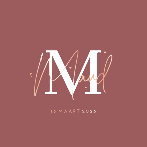 Minimalistisch geboortekaartje met typografie en roségoudfolie