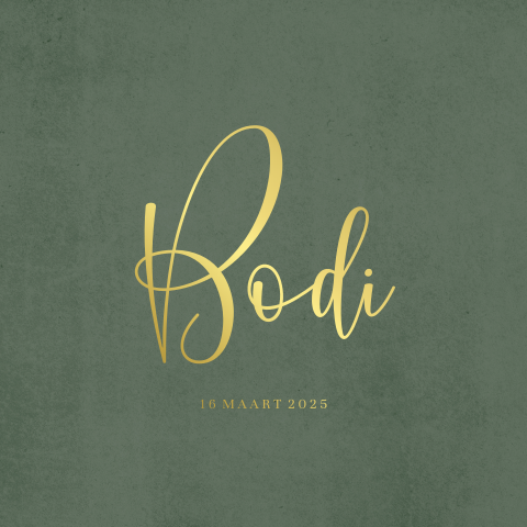 Minimalistisch geboortekaartje met goudfolie en groene velvet-look