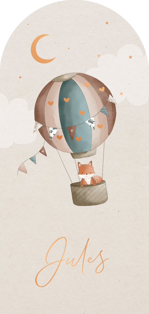 Arch geboortekaartje met vosje in luchtballon en koperfolie