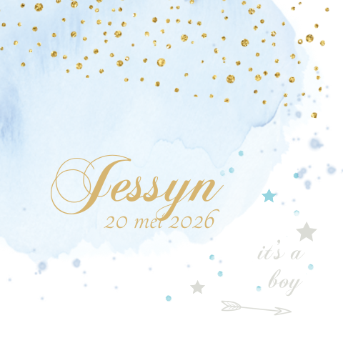 Geboortekaartje met glitters in goudlook en aquarel