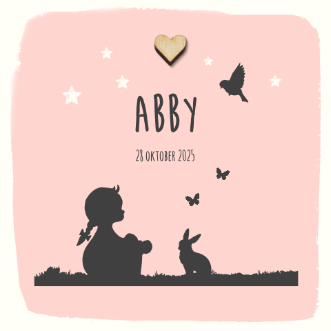 Hip babykaartje met silhouet meisje en bij te bestellen houten hartje
