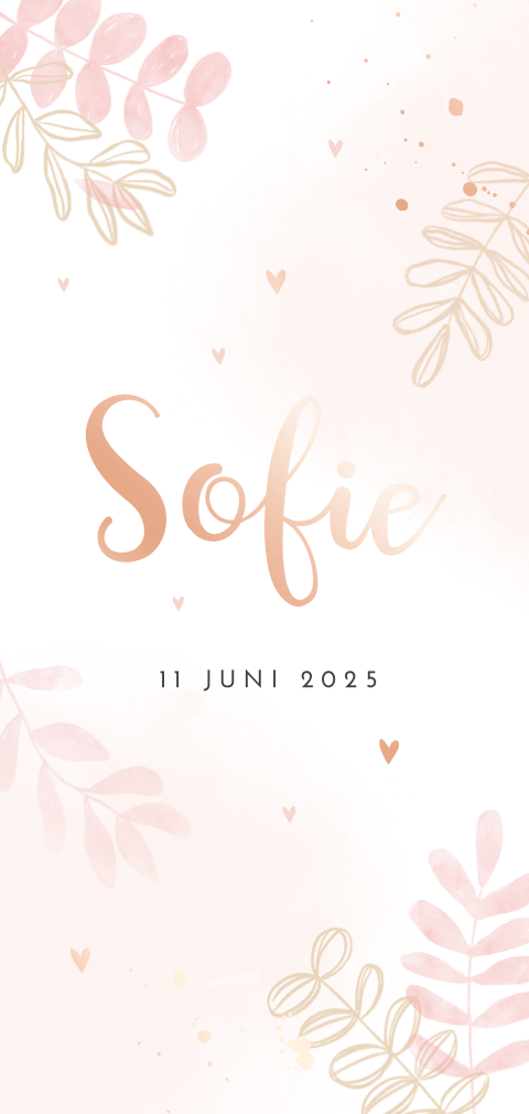 Roségoudfolie geboortekaartje voor meisje met lieve takjes