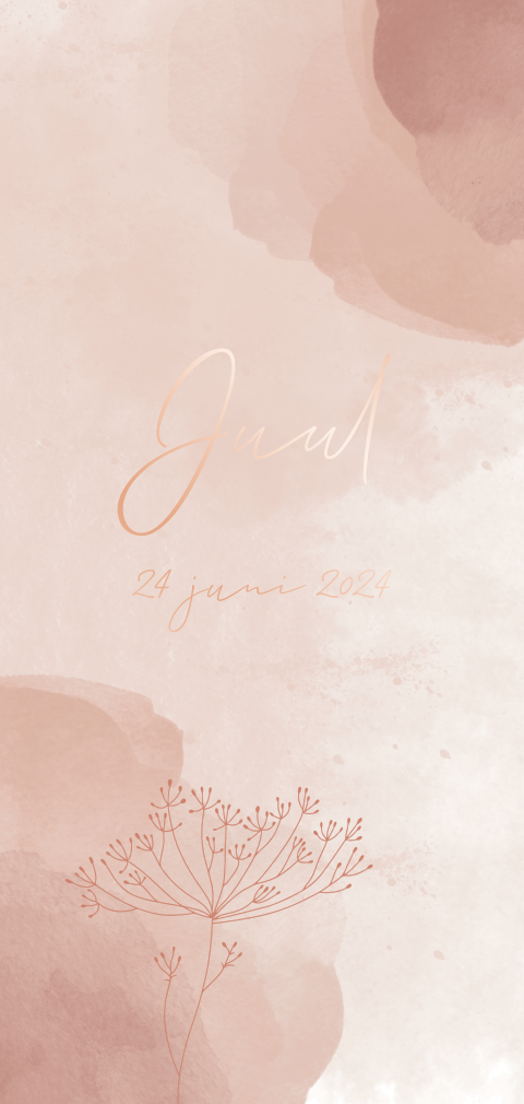 Geboortekaartje met roségoudfolie voor meisje met watercolour en takje