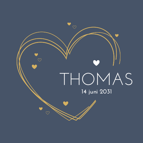 Romantisch geboortekaartje voor jongen blauw met goudlook hartjes