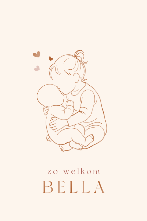 Lief geboortekaartje met lijntekening van baby en grote zus